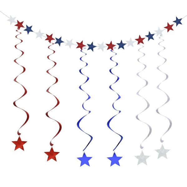 Decorazione per feste Bandiera del Giorno dell'Indipendenza Americana Tirare Bandiera Carta Nappa blu Corda per tende Spirale Stella Ghirlanda Coriandoli DecorParty