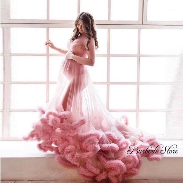 

casual dresses pretty pink ruffles tulle long a-line maternity women see thru summer party gowns pography pregnant dress, Black;gray