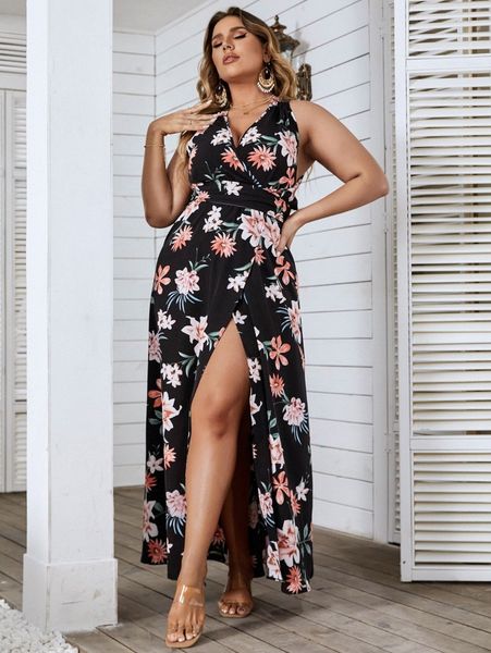 

plus floral print wrap hem crisscross tie back dress z9g1#, Black