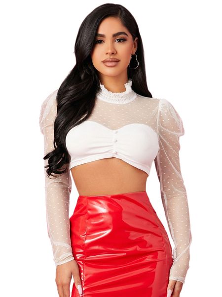 

mock neck puff sleeve crop h136#, White