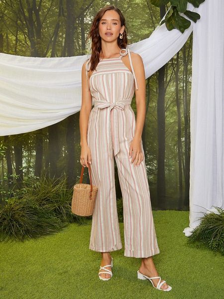 

vertical striped tie shoulder roll hem belted jumpsuit w7cd#, Black;white