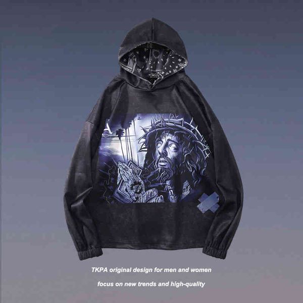 

tkpa american spoof religious style printed hooded sweater men's and women's hip hop high street fashion br hoodie, Black