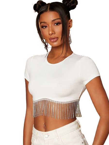 

rhinestone fringe trim crop tee u0pf#, White