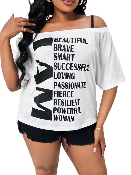 

sxy plus letter graphic off shoulder tee without bra k9ti#, Black