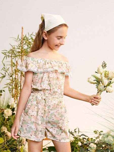 

girls floral print off shoulder ruffle trim chiffon & shorts she, White