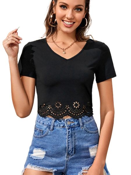 

eyelet embroidery v. n.eck tee z5ff#, White