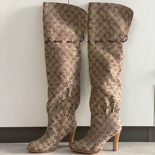 

women luxury quality leather red beige canvas over the knee boots zipper lace fashion luxury high heel thick heel shoes large size with box, Black