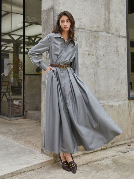 

button through slant pocket shirt dress without belt z55a#, Black;gray