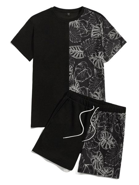 

men tropical print tee & drawstring waist shorts a6x5#, Gray