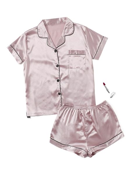 

contrast binding satin pj set d7ig#, Black;red