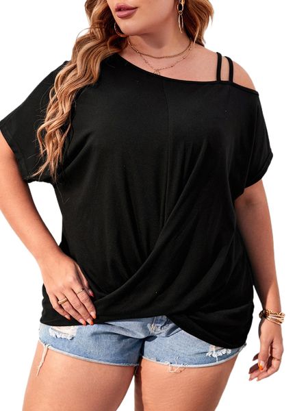 

plus asymmetrical neck wrap gathered hem tee w4pa#, Black