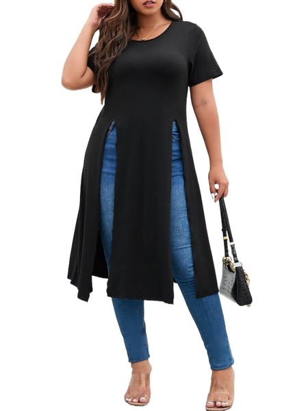 

plus solid split hem longline tee m95w#, Black