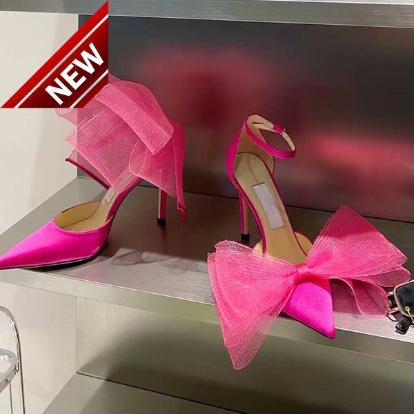 

luxury designer high-heeled sandals rose pink vamp heel cross big bow fluorescent vamp pointed toe strap shoe box size 35-42, Black