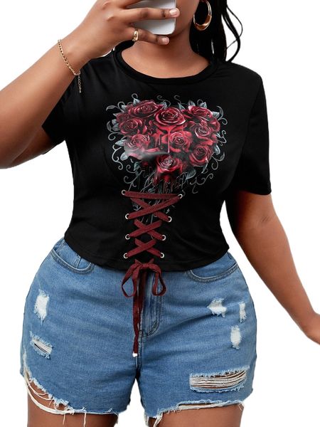 

sxy plus rose print grommet lace up tee b7u8#, Black