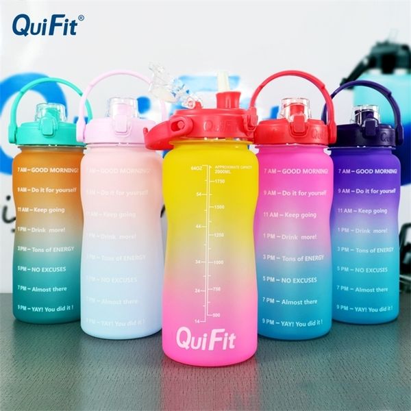 Quifit-Wasserflasche, 2 l, mit hüpfendem Strohhalm, mit einzigartigem Timeline-Messziel, BPA-Sport, tragbar, 220307