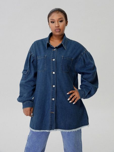 

plus raw hem button front denim coat 38tq#, Black;brown