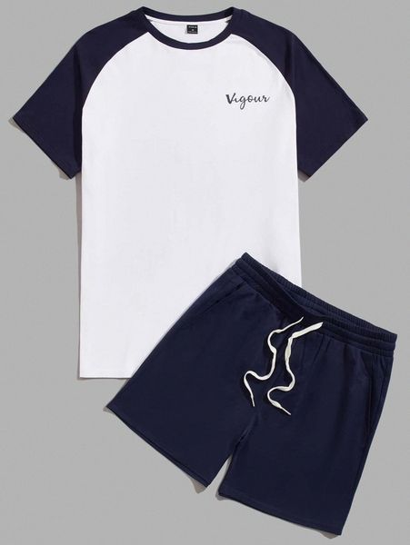 

men letter graphic colorblock raglan sleeve tee & track shorts set 70pb#, Gray