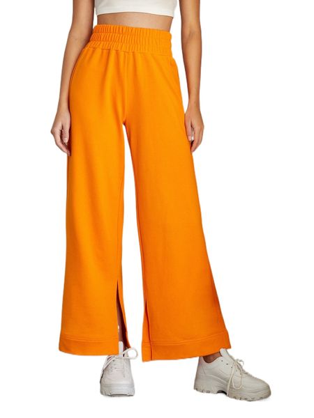 

elastic waist solid split hem pants t84n#, Black;white