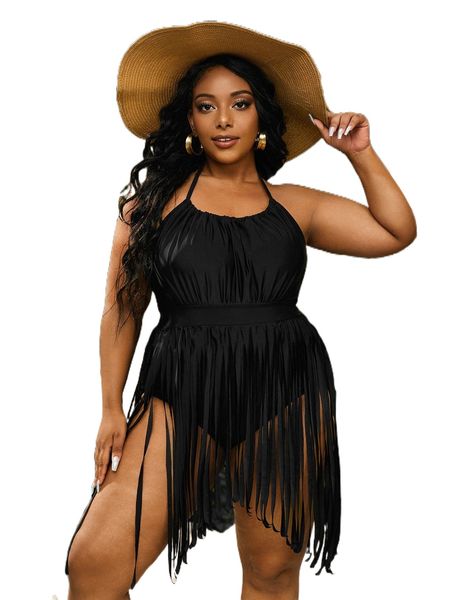 

plus tie back fringe trim halter one piece swimsuit o5ml#, White;black