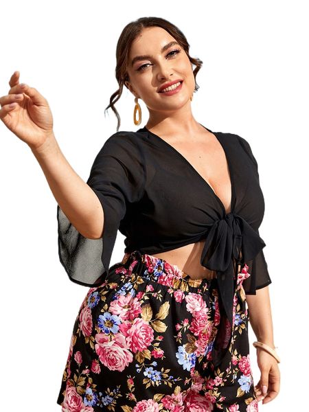

plus flounce sleeve knot front crop without bra y30n#, Black