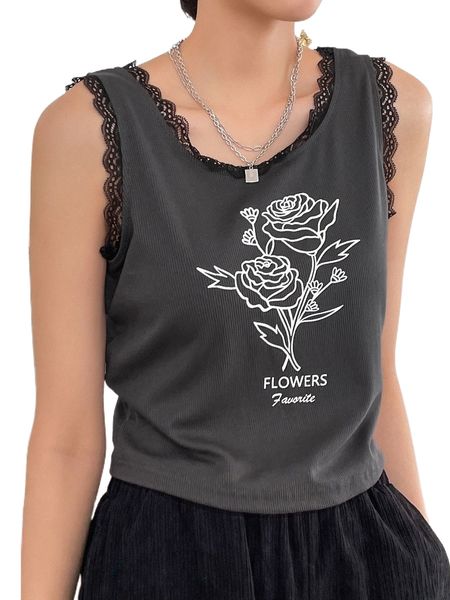 

dazy floral print contrast lace tank u5r1#, White