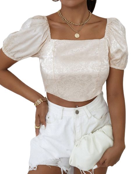 

puff sleeve crop blouse f94g#, White