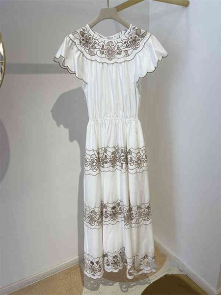 

casual dresses flower hollowed out embroidery cotton short sleeve dress niche summer slim fold dress, Black;gray