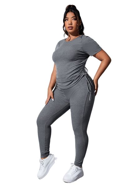

plus drawstring tee & leggings y3qj#, Black