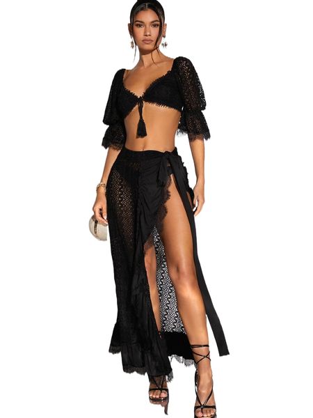 

bae tie front flounce sleeve crop & wrap skirt without panty t8k5#, White