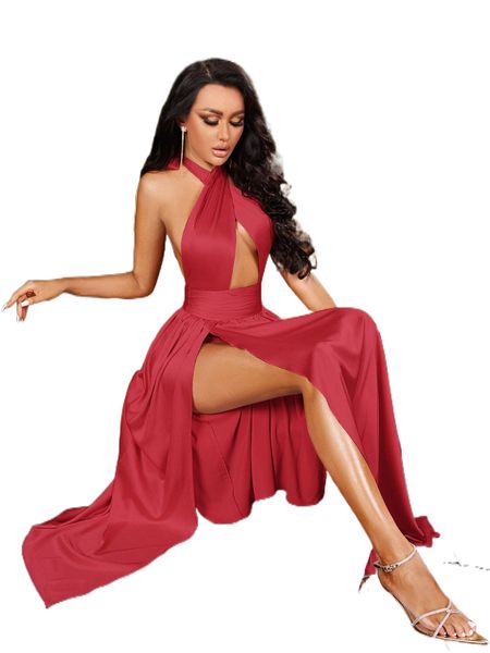 

cross wrap tie backless wrap satin halter dress y1sc#, Black;gray
