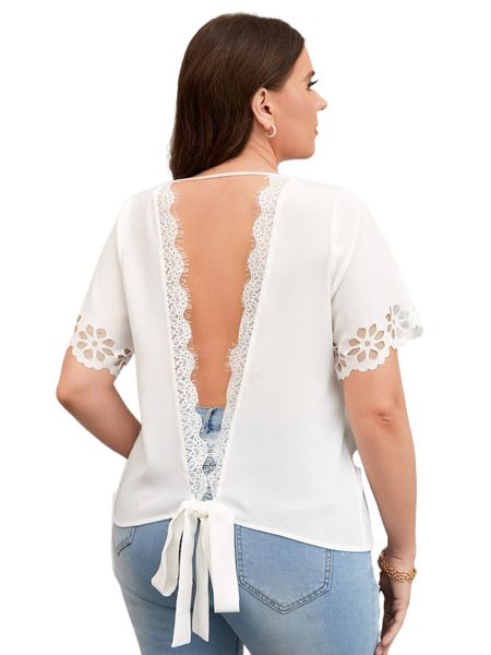 

plus contrast eyelash lace backless knot laser cut blouse f86v#, Black