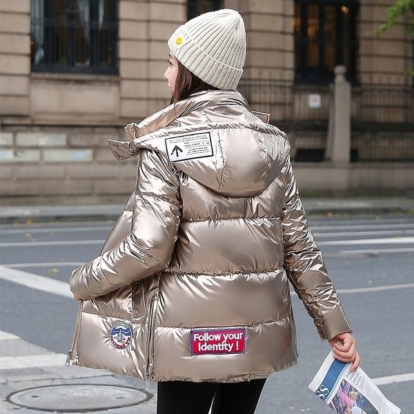 

womens winter down coat korean style printing female down jacket shiny solid plus size hooded stand collar thick outer y201026, Black