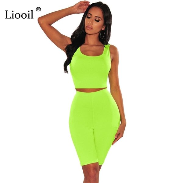 

liooil neon green 2 piece tight set women bodycon outfits track suits tank crop and biker shorts 2020 summer active set t200701, White