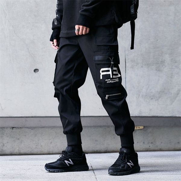

men cargo pants black ribbons block multi-pocket harem joggers harajuku sweatpant hip hop casual male trousers 220330