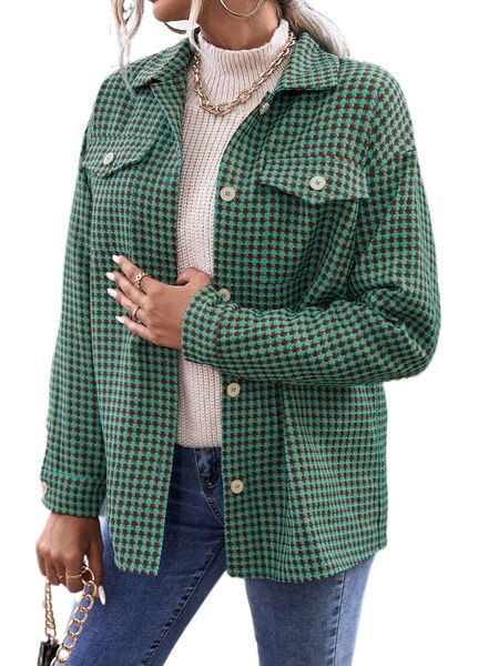 

houndstooth print drop shoulder flap pocket overcoat z9c9#, Black