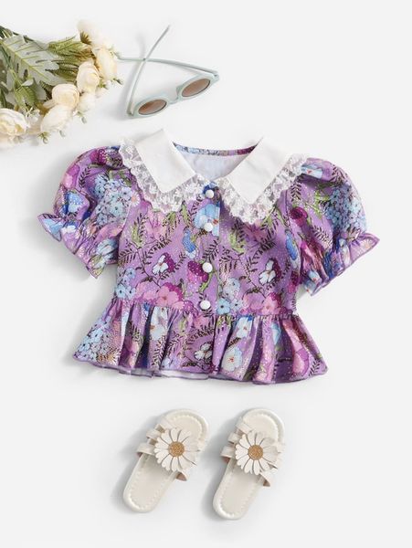 

toddler girls floral print contrast collar peplum she, White;black