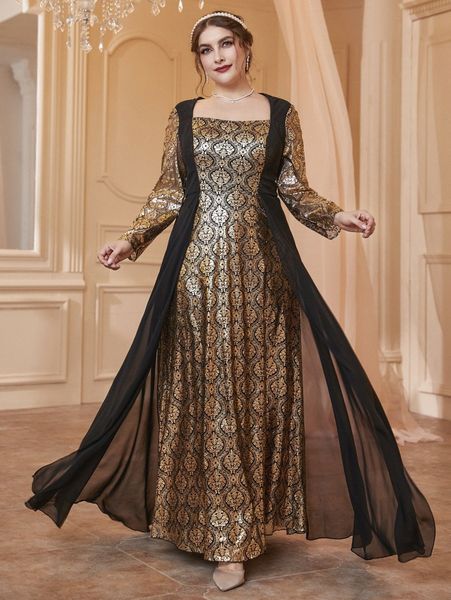 

plus gold damask print mesh overlay prom dress w6up#, Black