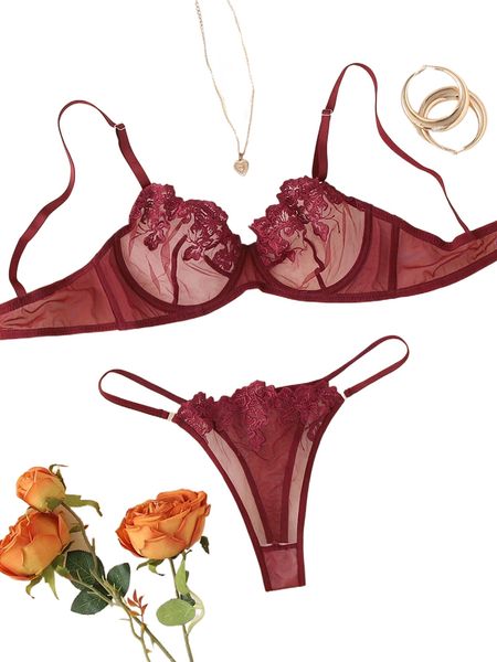 

embroidery sheer mesh underwire lingerie set v5mo#, Black;red