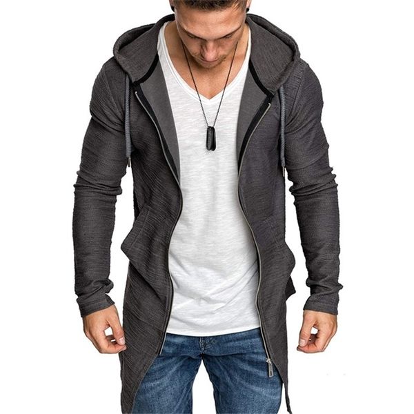

drop arrive zipper hoodies men long jacket men slim fit hooded trench coat men high streetwear mens hoodies 210924, Black