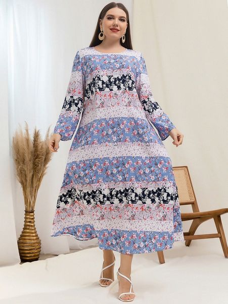 

plus floral print colorblock dress l0mh#, Black