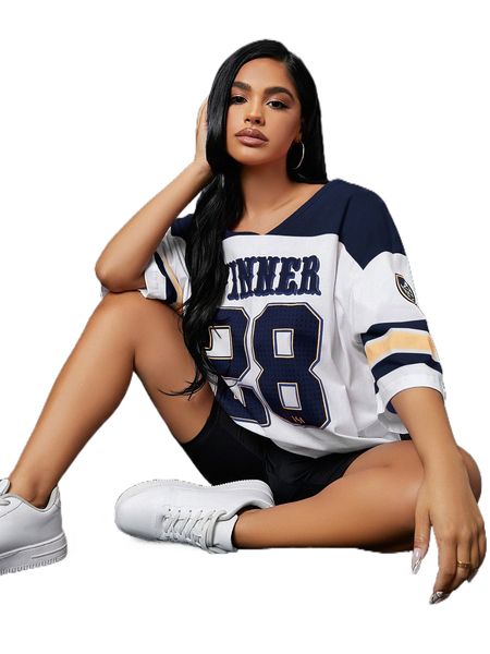 

colorblock & letter graphic drop shoulder longline tee e1wk#, White