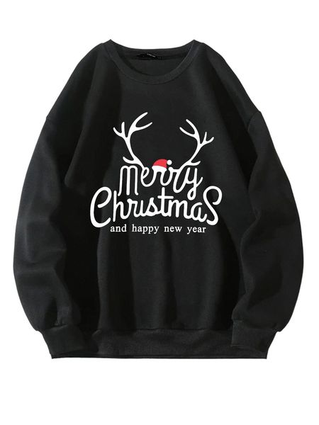 

christmas and slogan graphic drop shoulder sweatshirt s9ul#, Black