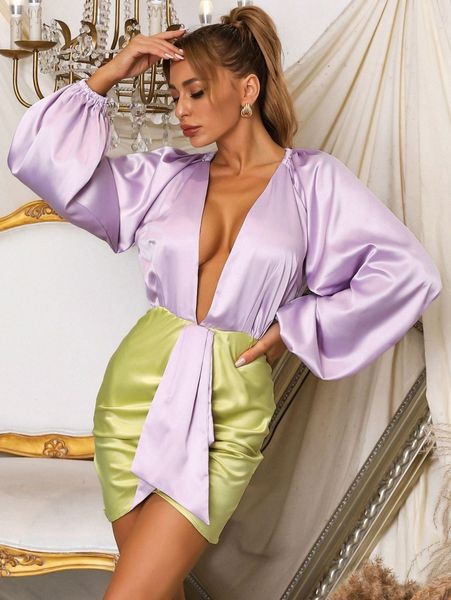 

two tone lantern sleeve plunging neck drape front satin bodycon dress 11ng#, Black;gray