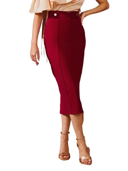 

button front split hem pencil skirt 00cf#, Black