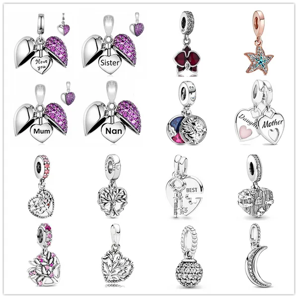 925 Sterling Silver Dangle Charm Magical Unicorn Pink Heart Family Tree Fameds Fit Fit Pandora Charms Bracelet Diy Acessórios de jóias