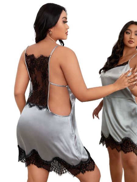 

plus eyelash lace insert cut out satin cami nightdress g9jo#, Black;white