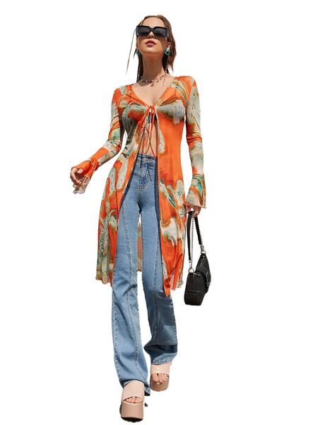 

brush print tie front bell sleeve q9yg#, White