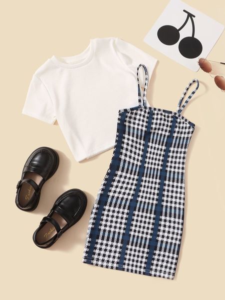 

toddler girls ribbed knit tee & plaid cami dress she01, White