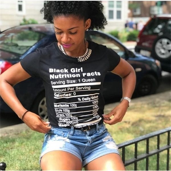 1PCS Black Girl Nutrition Facts T-shirt Mulheres Camisa Melanin Queen Nutrition Facts Camisa Humor Tees For Women 210311