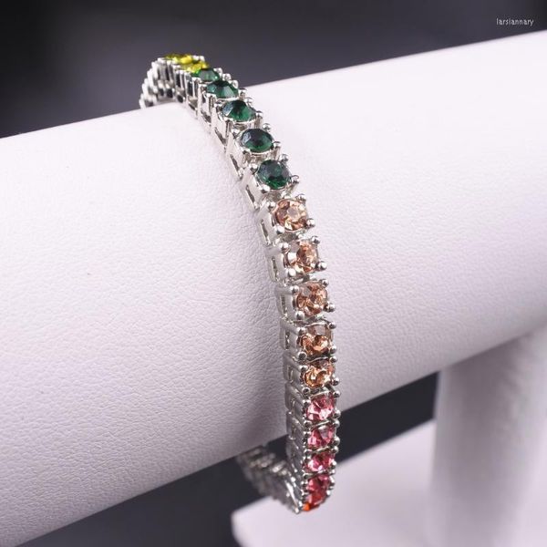 Catena a maglie Arcobaleno 7 colori Pietra di cristallo Colore argento 1 fila Bracciale tennis Hip Hop Ghiacciato Bling Rap Ballerino rock Gioielli regalo oroLink La